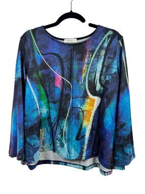 Jess & Jane Womens Abstract Long Sleeve Top Size Large lagenlook Artsy Boho USA